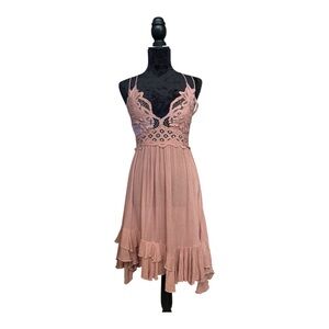 Lace-Trim Spaghetti Strap Midi Dress in Dusty Rose